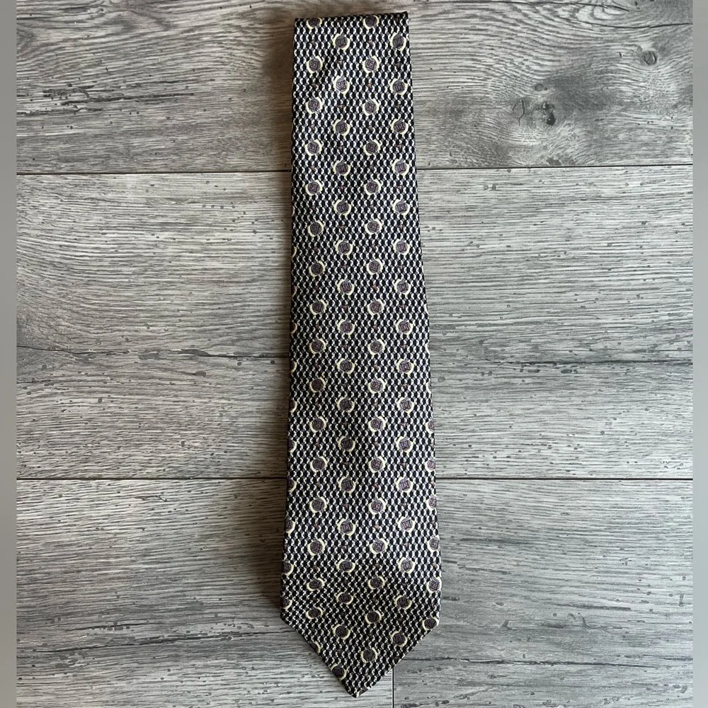 Geoffrey Beene Men’s Neck Tie Geometric Black Cream Silk Workwear Dressy Formal